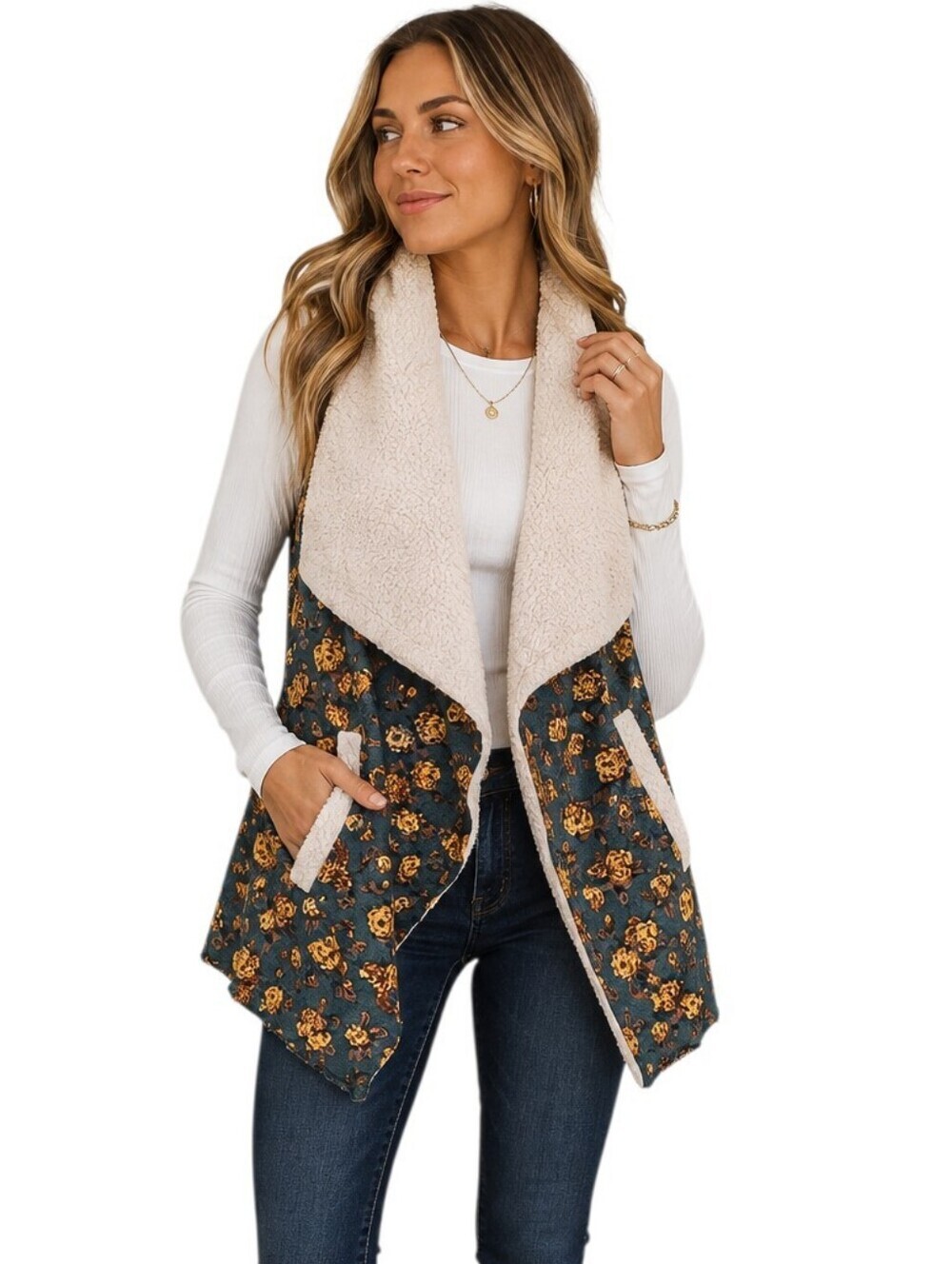 Title: Lori + Mari Floral Sherpa Fleece Waterfall Open Vest Size M